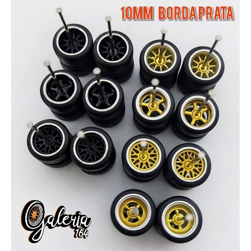 Rodas com pneus de borracha para hot Wheels, rodas 1/64 com pneus de borracha para miniatura, roda 10mm com borda prata em Oferta na Shopee