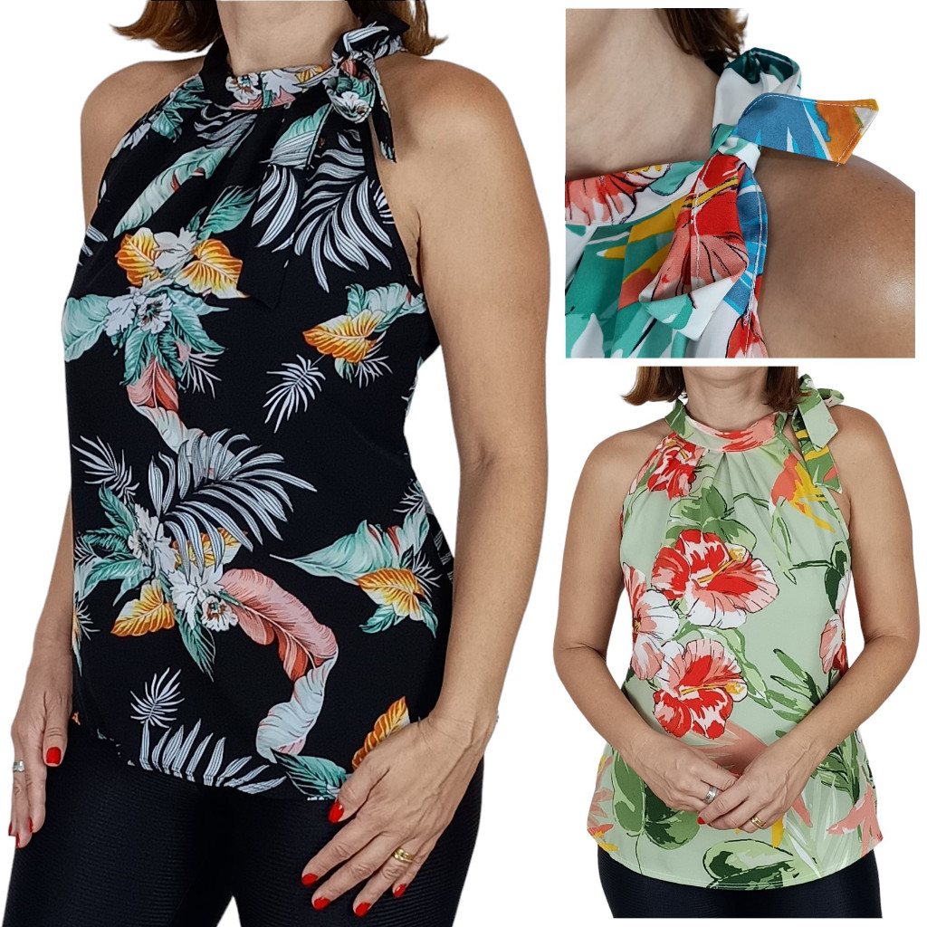 Blusa Feminina Gola Laço Florida Elegante Social Fresquinha Verão