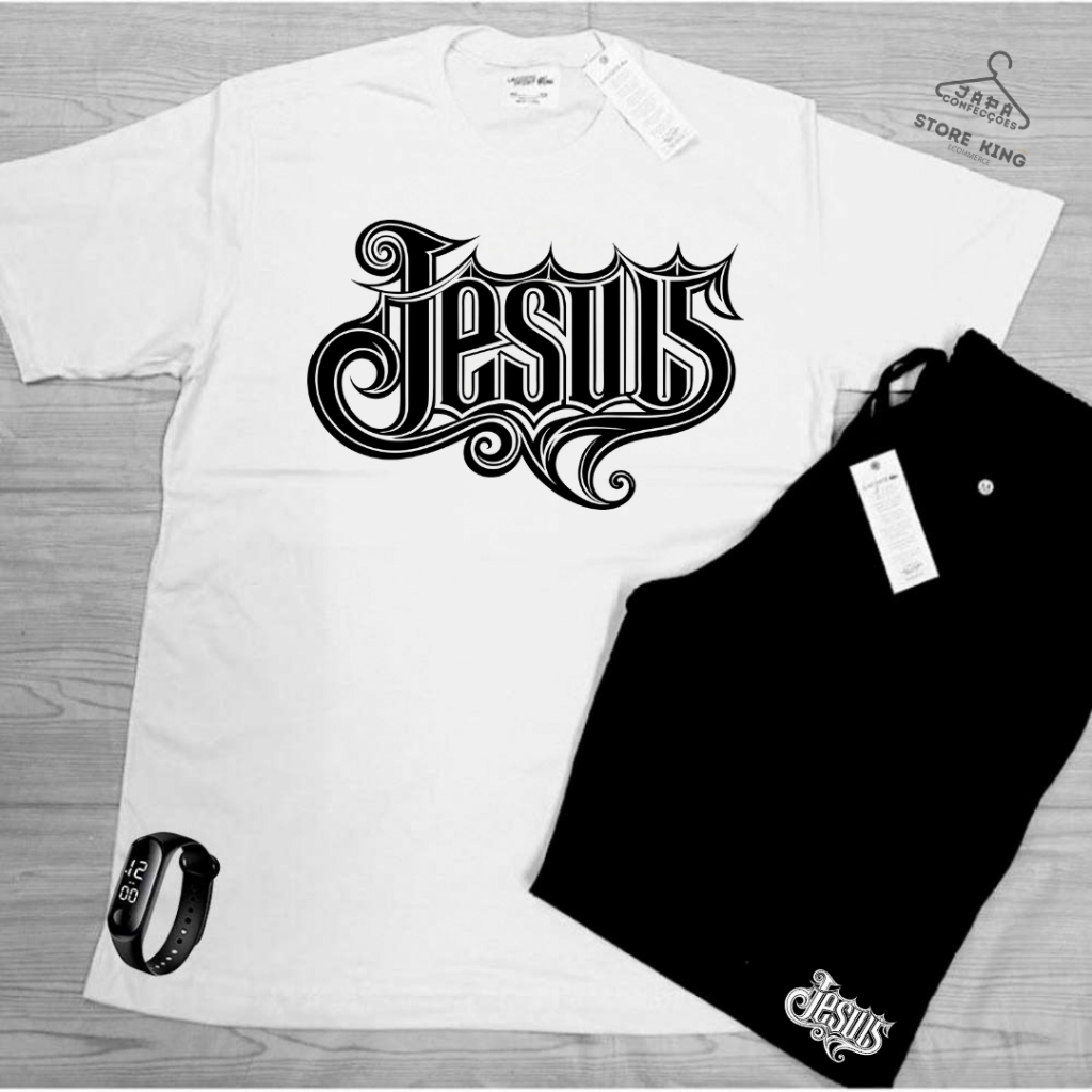 Kit Verão Bermuda e Camiseta algodão caminhada academia produto qualidade JESUS mais RELOGIO DIGITAL