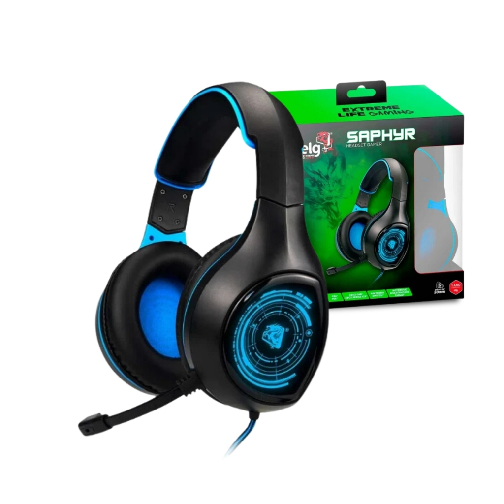 Headset Gamer P3 + USB com Iluminação em LED Azul Preto/Azul SAPHYR ELG