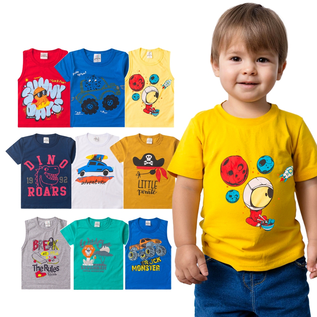 Kit Sortido 5 Camisetas Manga Curta Estampada Menino Masculino Conforto Veste do 1 ao 14 em Oferta na Shopee