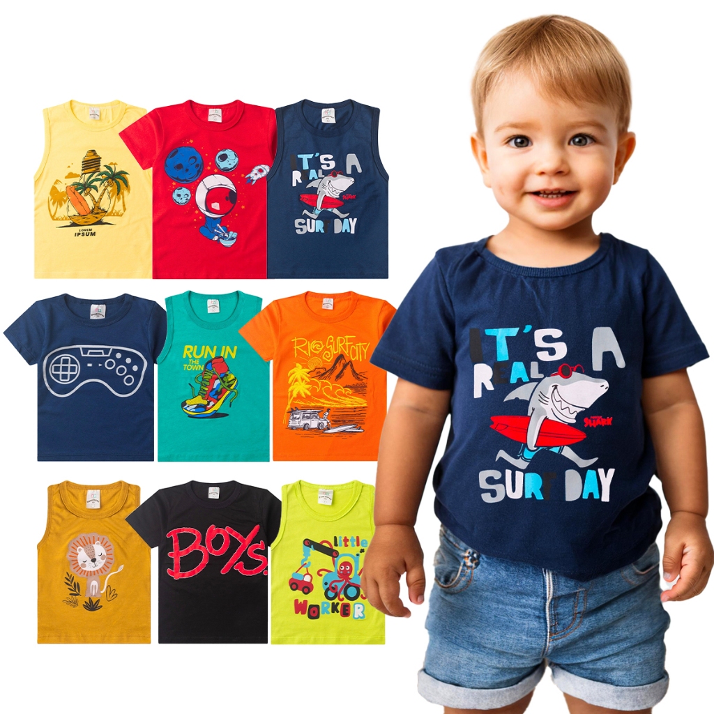 Kit 4 Peças Camiseta Manga Curta Regata Infantil Menino Estampada Veste do 1 ao 14