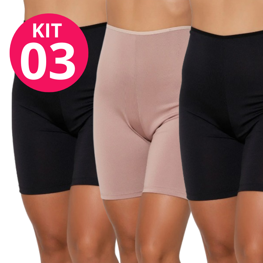 Kit 3 Short Anágua Feminina Bermuda  Antiassadura  Segunda Pele  Preta e Nude Ofertão Verão 2026