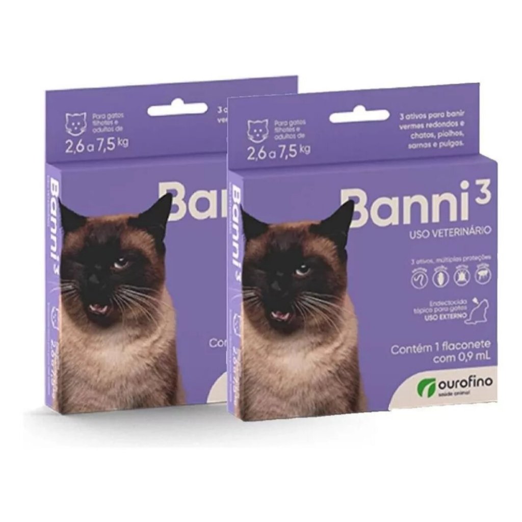 Kit 2 un. Banni 3 Antipulga Vermifugo Gatos Filhotes e Adultos 2,6 a 7,5KG em Oferta na Shopee