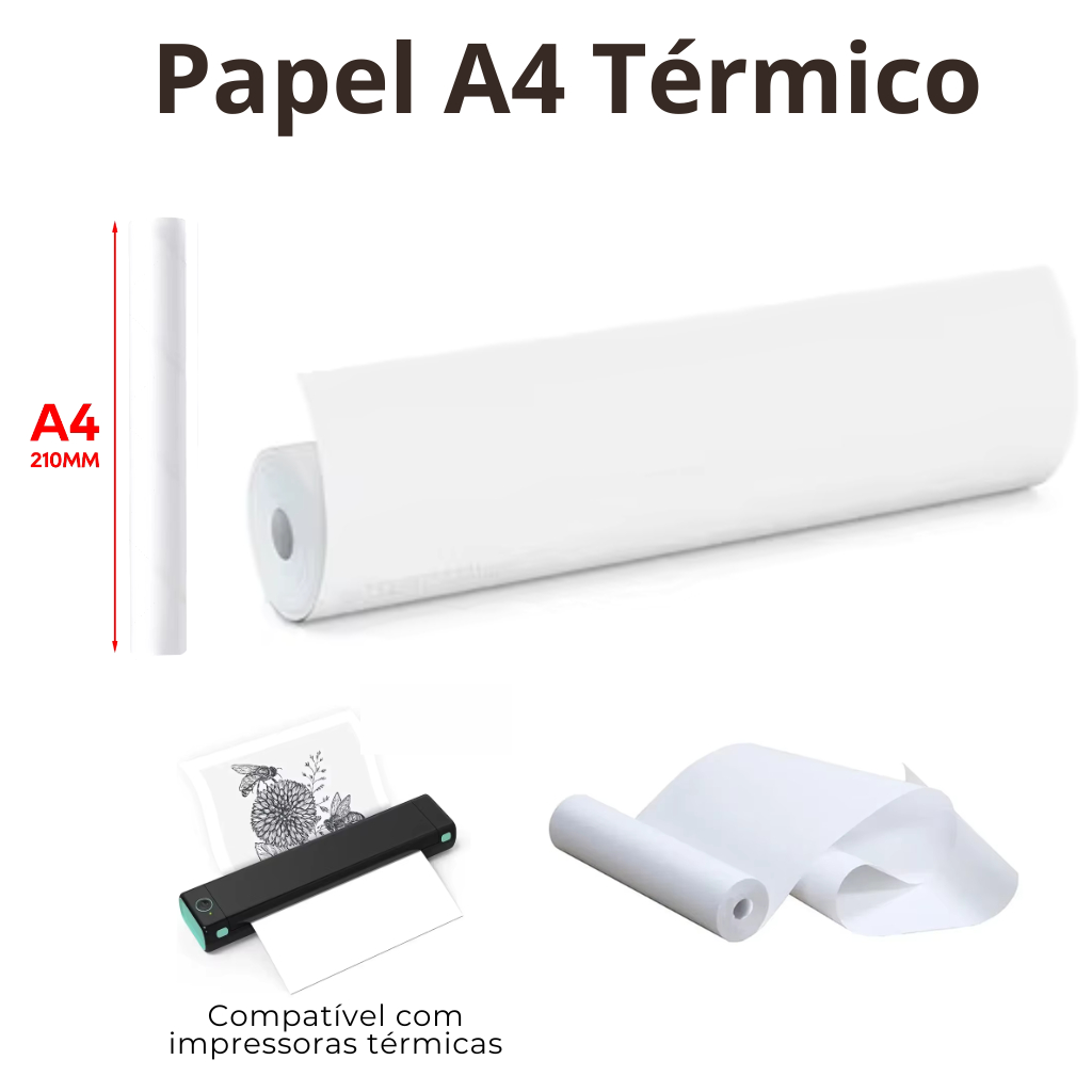 Bobina Papel Térmico A4 50 Folhas Impressora Térmica Bluetooth Arquivo Processo Trabalho Lista Escritório