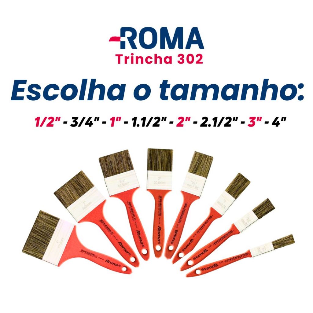 Trincha Média 302 Cerdas Gris Cabo Vermelho de 1/2 à 4 Polegadas Roma