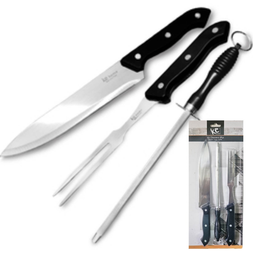 Kit Churrasco Faca Chaira Garfo Inox Cozinha Churrasqueiro Amolador completo 3 Peças