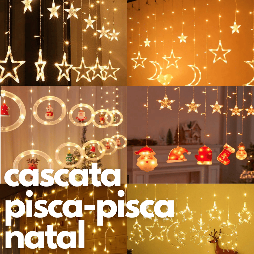 Iluminação de Natal Decoração Cascata Pisca-Pisca Led Estrela Lua Papai Noel Sacada Luz RGB Amarela