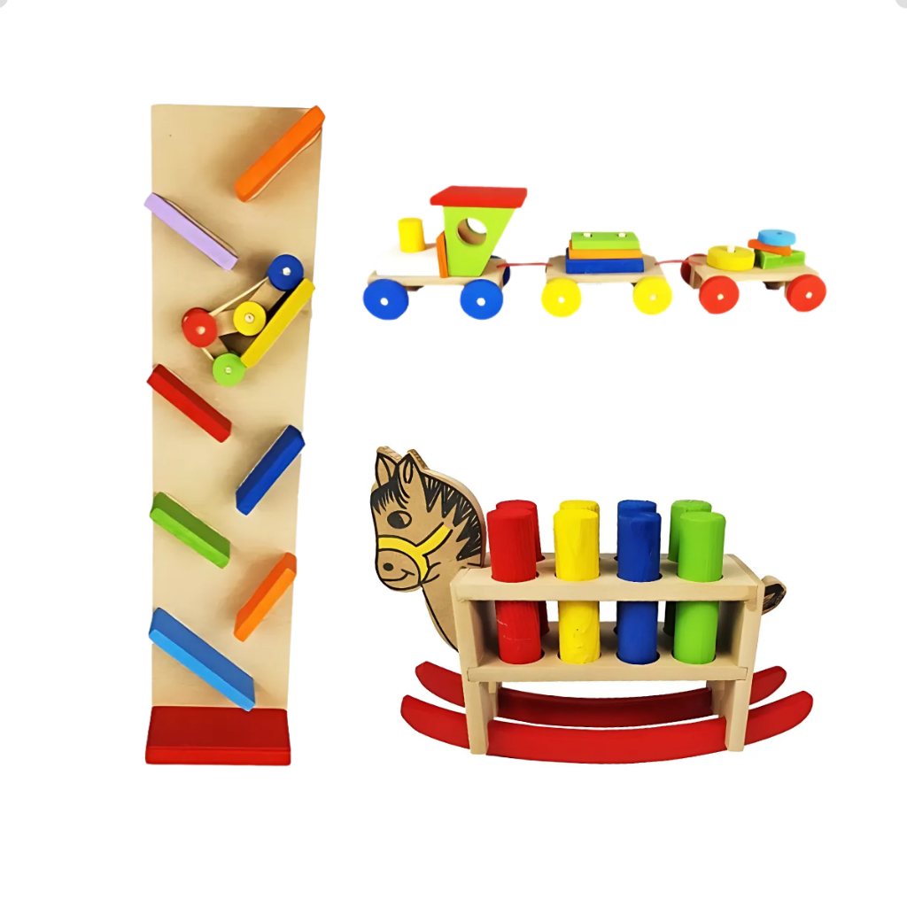 Kit 3 Brinquedos Pedagógico Trenzinho Pista Maluca Cavalinho