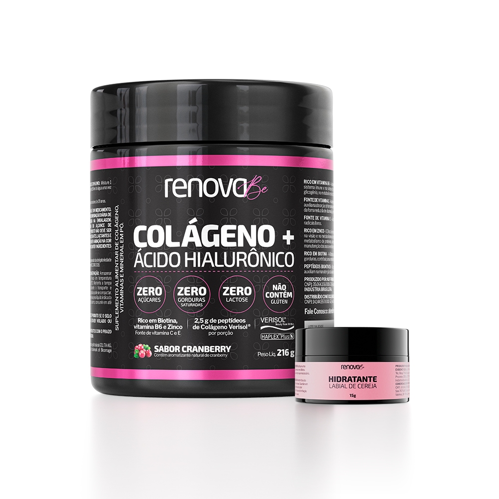 Colágeno 216g com Verisol e Ácido Hialurônico + Hidratante Labial de Cereja - Renova Be