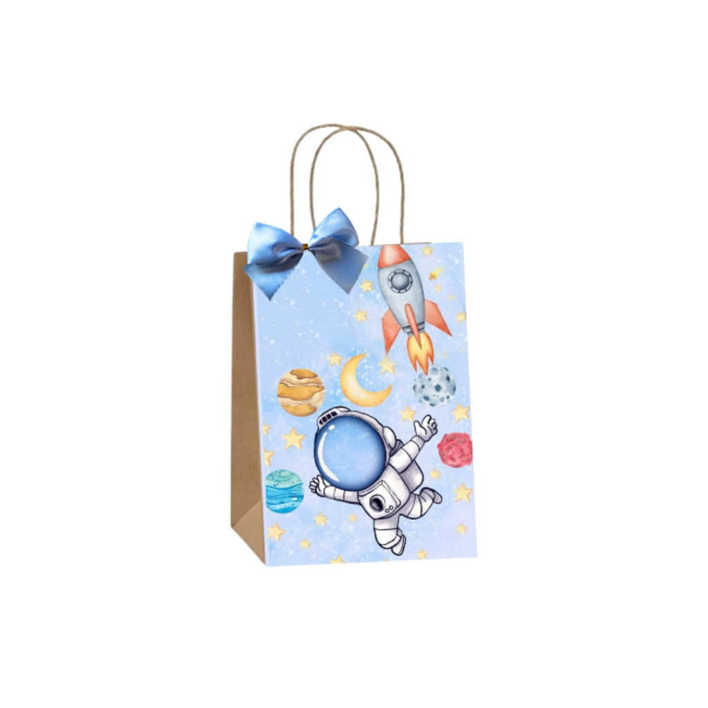 Sacolinhas Kraft Personalizadas Tema Astronauta Festa de Aniversário Doces Balas Lembrancinhas Acompanha Laço