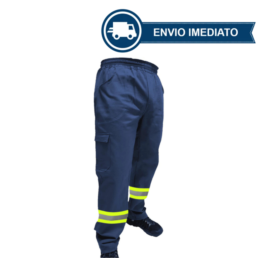 Calça de Brim Reforçada Uniforme de Trabalho Profissional Masculina Azul Com Faixa Refletiva EQPRO