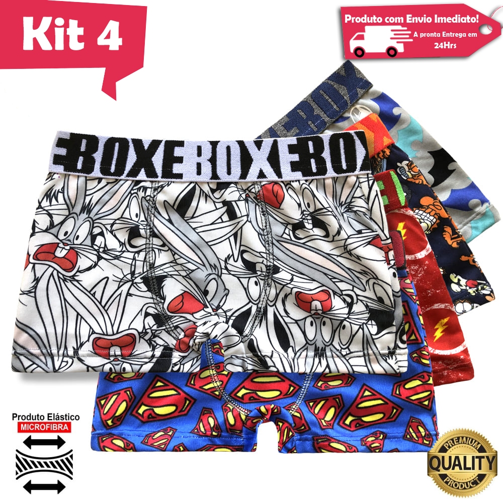 Kit 4 Cueca Box Infantil Boxer Estampada Microfibra Confortavel