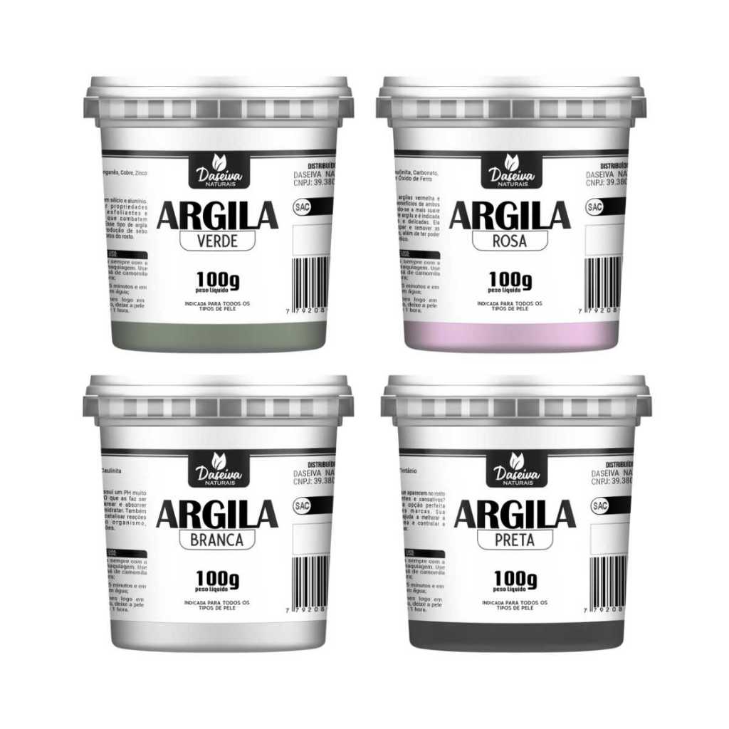 Combo 4 Argilas 100g no pote Daseiva Naturais Máscara Facial (Verde, Rosa, Branca e Verde)