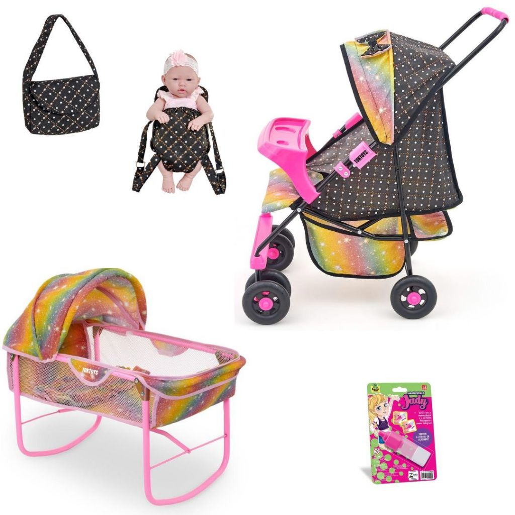Carrinho de Boneca Milano Meninas para Boneca com acessorio baby reborn bebe alive brincar berço kit