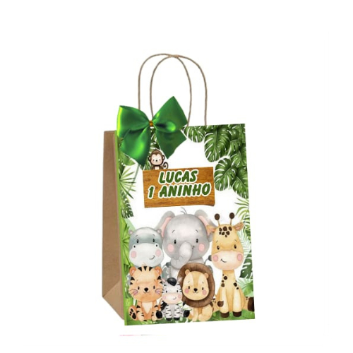 Sacolinhas Kraft Personalizadas Tema Safari Verde Festa de Aniversário Doces Balas Lembrancinhas Acompanha Laço