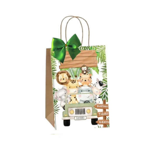 Sacolinhas Kraft Personalizadas Tema Safari Baby Verde Festa de Aniversário Doces Balas Lembrancinhas Acompanha Laço