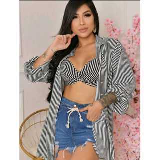Conjunto Femenino Listrado Camisa com Cropped Chamisse verao 2025 em Oferta na Shopee