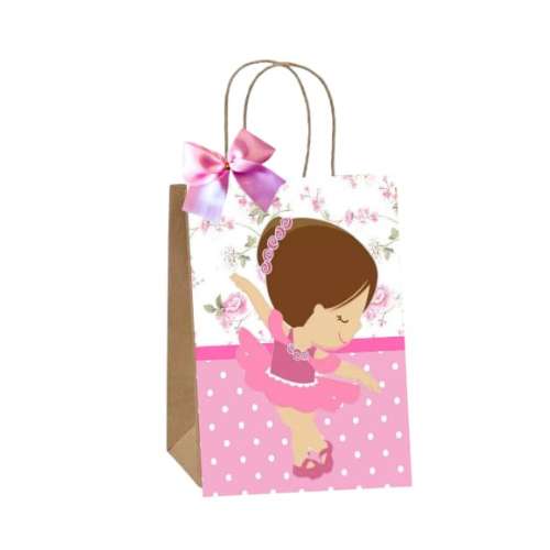 Sacolinhas Kraft Personalizadas Tema Bailarina Menina Festa de Aniversário Doces Balas Lembrancinhas Acompanha Laço