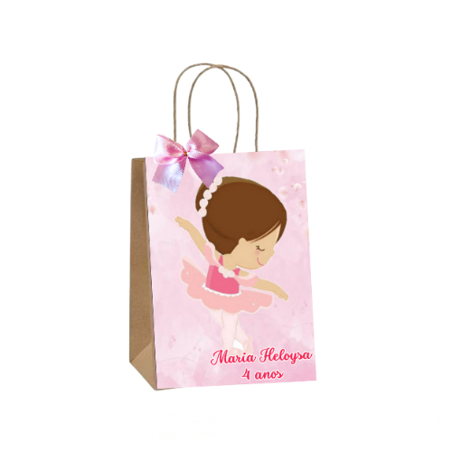 Sacolinhas Kraft Personalizadas Tema Bailarina Festa de Aniversário Doces Balas Lembrancinhas Acompanha Laço