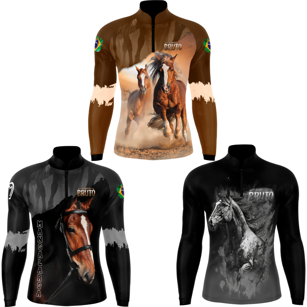 Kit de 3 camisas blusas cavalgada fazenda cavalos pretos e marrom com proteção UV50+