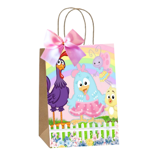 Sacolinhas Kraft Personalizadas Tema Galinha Pintadinha Festa de Aniversário Doces Balas Lembrancinhas Acompanha Laço