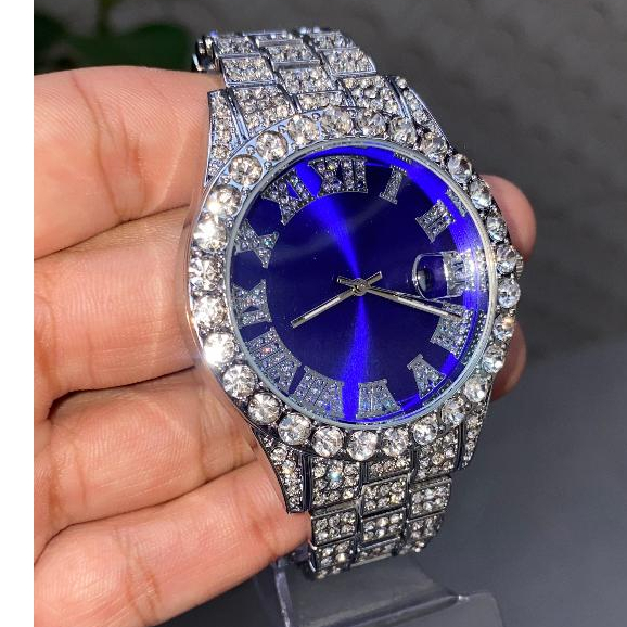 Relógio Premium Ice Azul Cravejado Trap Funk Hip Hop