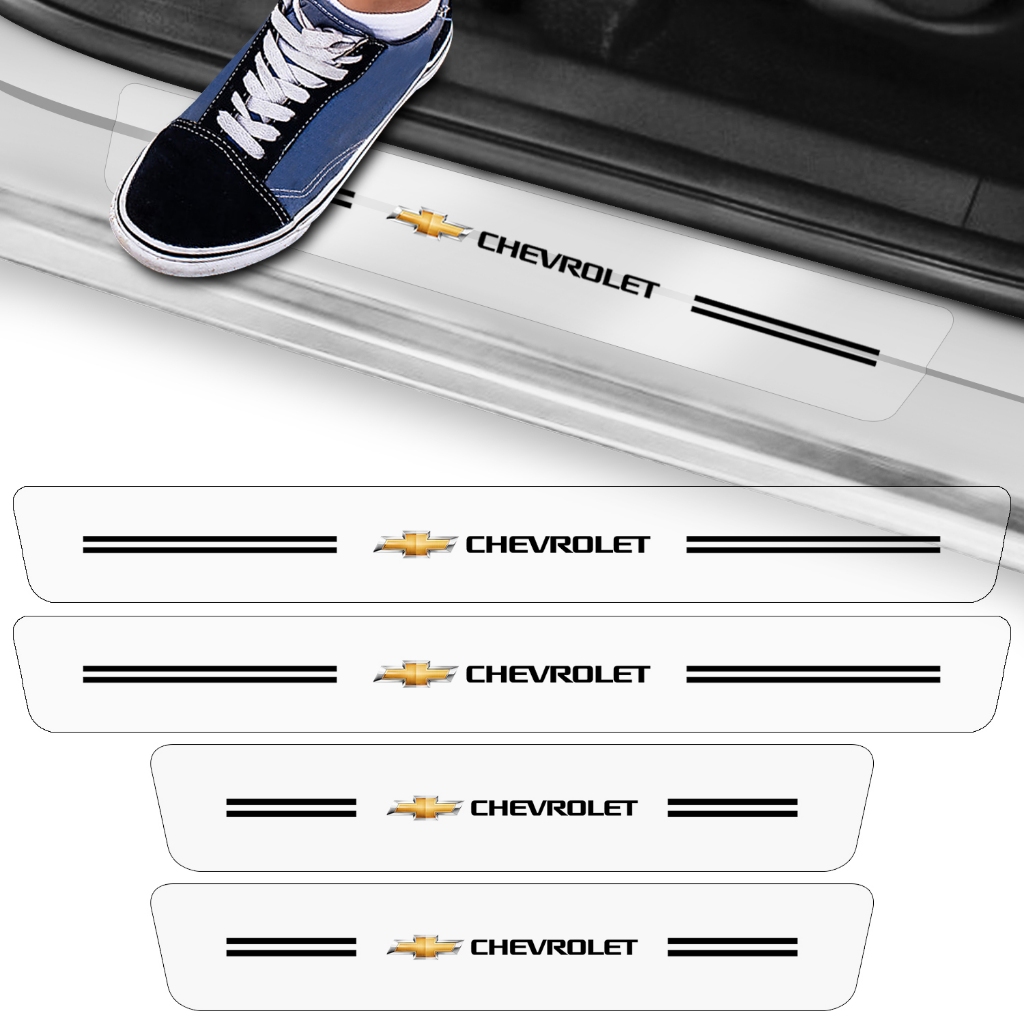 Kit 4 Peças Adesivo Soleira Porta Carro Modelo Compatível Chevrolet Gm Transparente Grafia Emblema