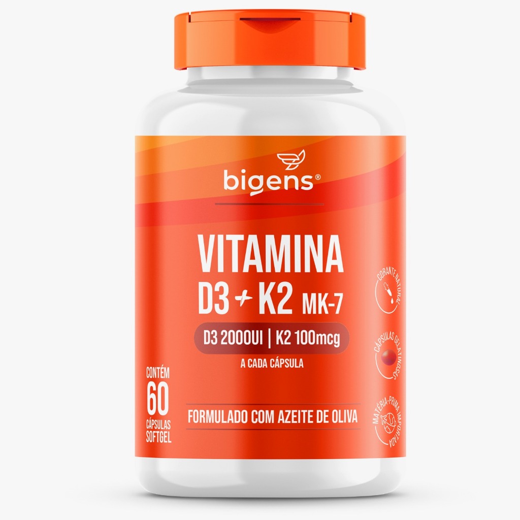 Vitamina D3 2000UI + K2 MK-7 100mcg, Formulado com azeite de oliva, Bigens (60 cápsulas) em Oferta na Shopee
