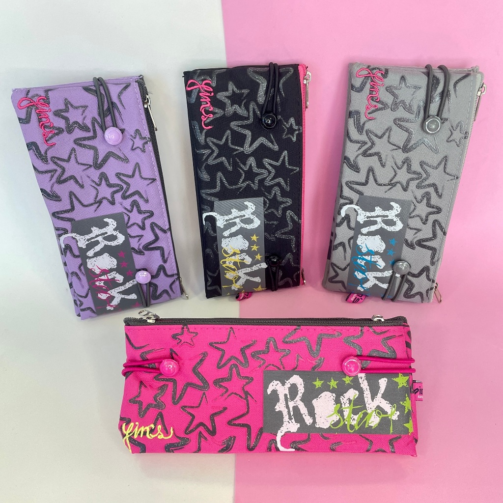Estojo Escolar Triplo Rock Star Estrelas Brilho Glitter Elástico Yins by Seanite em Oferta na Shopee