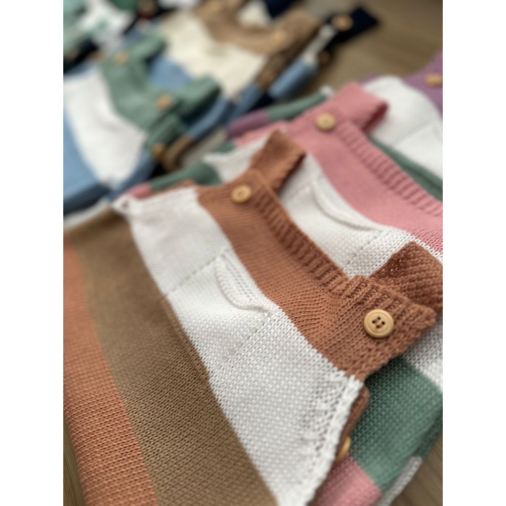 Salopete Jardineira Romper Listra RN Macacão Menino Menina Bebê Récem Nascido Tricô