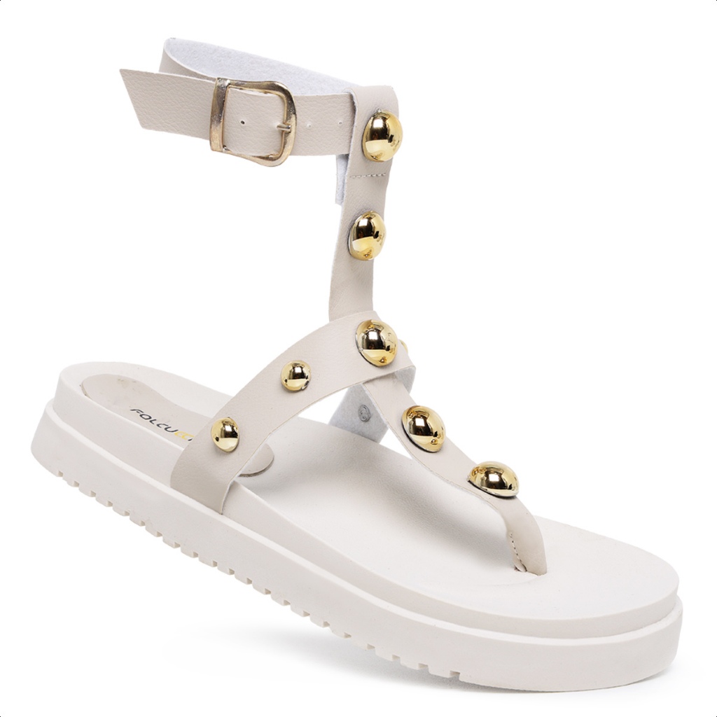 Sandália Feminina Falcucci Papete Gladiadora Flatform Tachas Piramides Confortável Off White Amalf em Oferta na Shopee