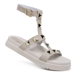 Sandália Gladiadora Feminina Falcucci Papete Com Pirâmide FlatForm Tratorada Off White Capri
