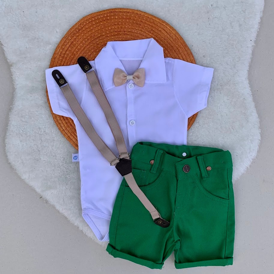 Roupa de Batismo Menino Bebê Com Suspensório Conjunto Batizado