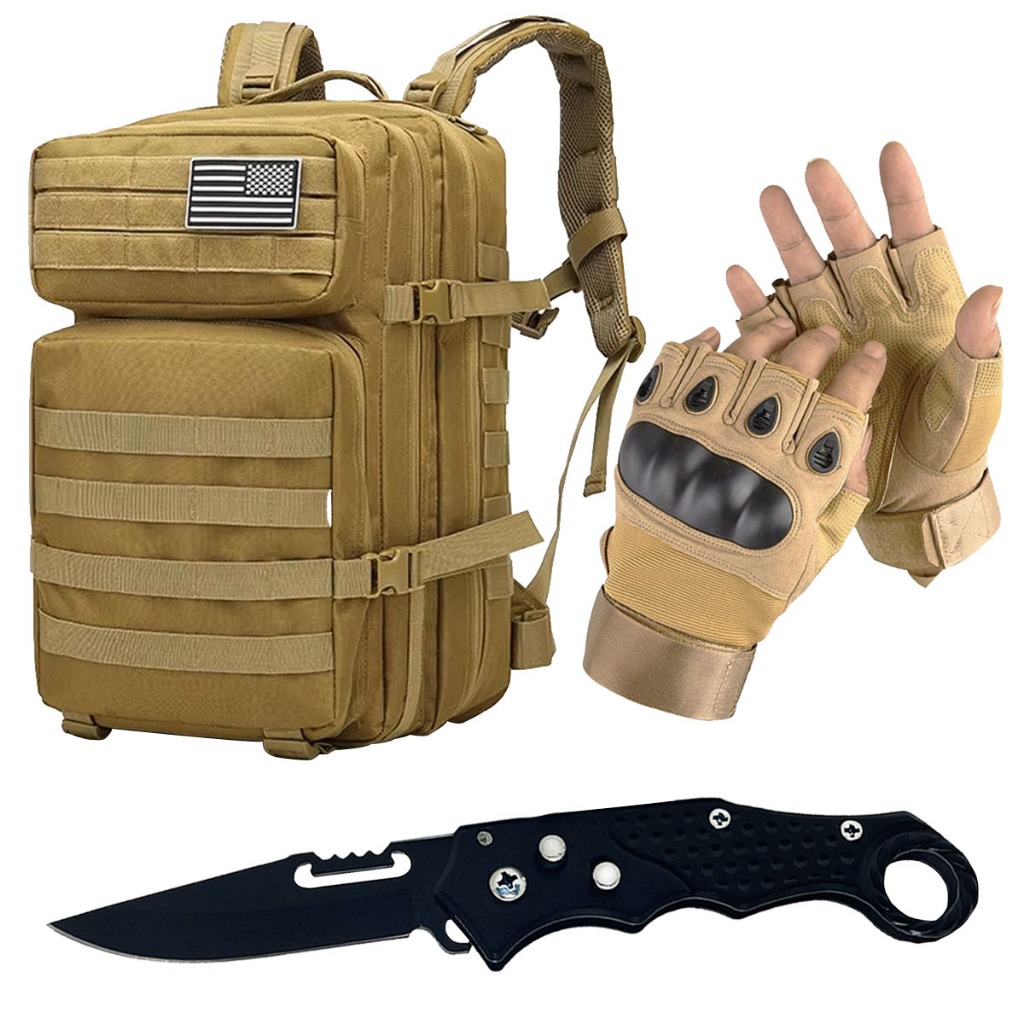 Mochilas Impermeável Nylon De Esportes Acampar Caminhadas + Luva Tática + Faca Canivete Inox