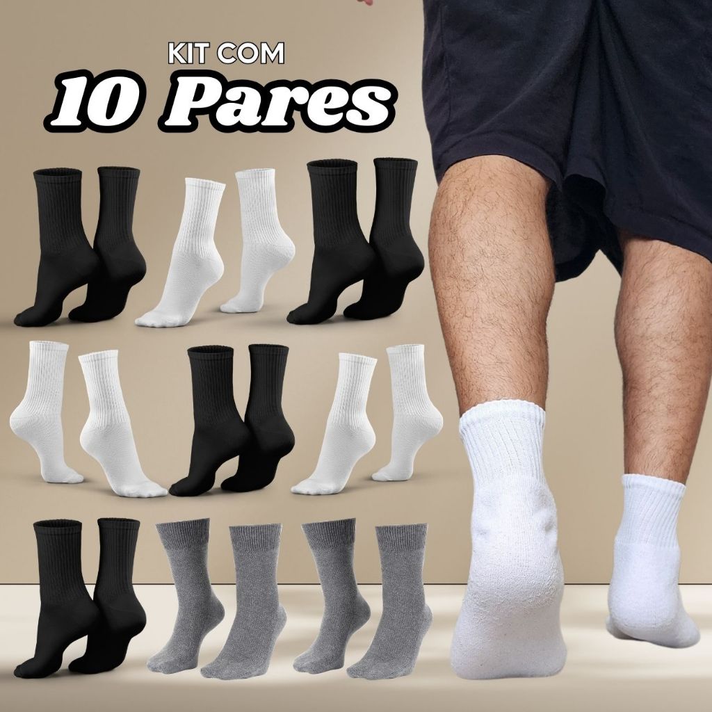 Kit 10 Pares Meias Cano Alto Algodão Esportiva Longo Médio Masculina e Feminina Original Cores Preto Branco e Cinza