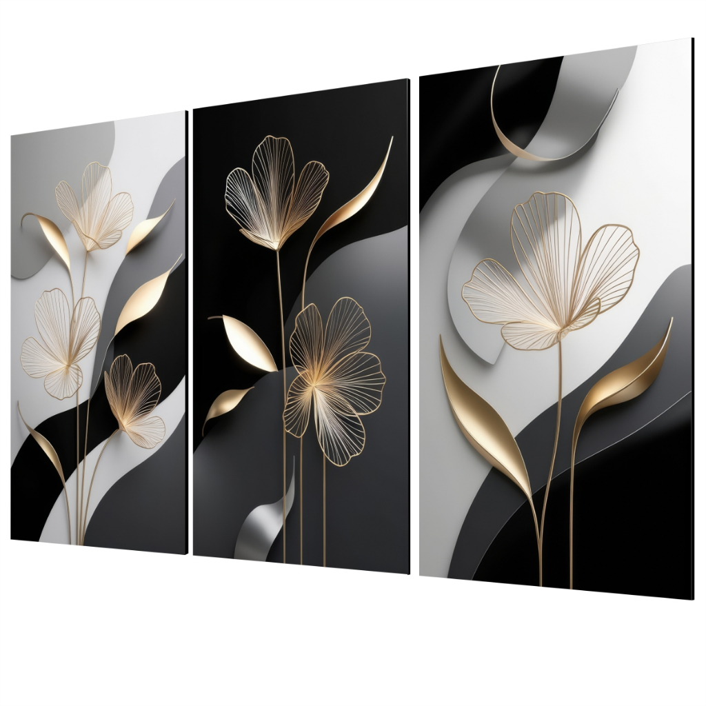 Quadro Decorativo Flor Preta Gold Flores Pintura Quarto Sala
