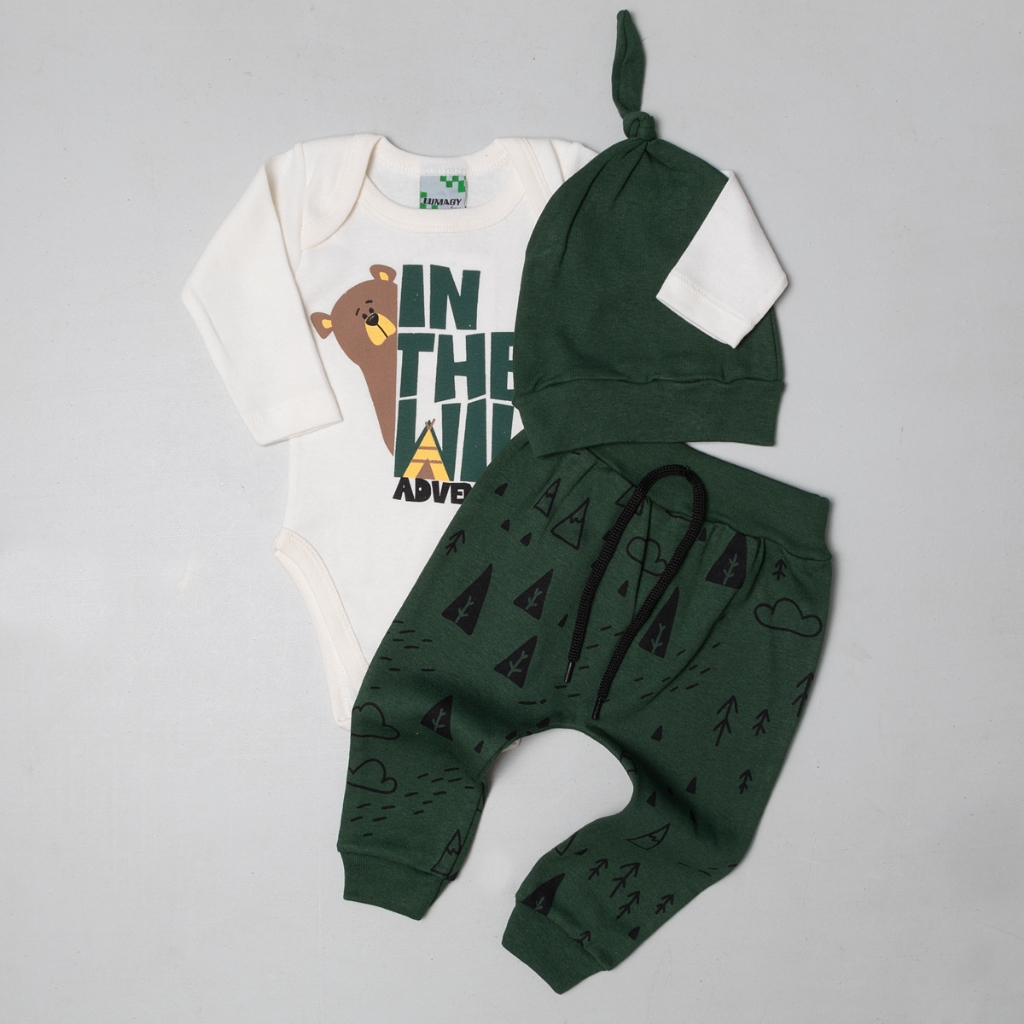 Conjunto Bebê Body + Calça + Touca Menino Roupas de Inverno