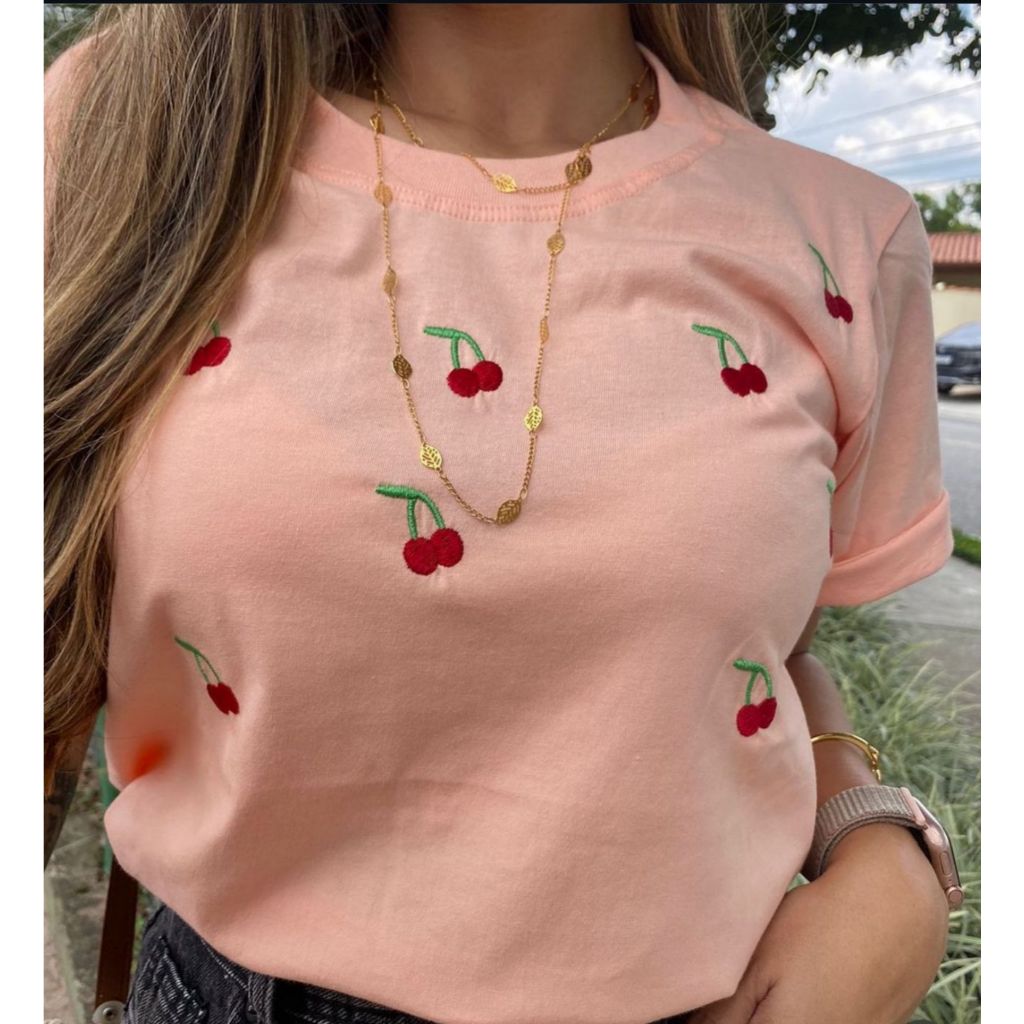 Camiseta T-shirt  feminina premium 100% algodão cereja  estampa borbado com gola em ribana em Oferta na Shopee