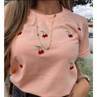Camiseta T-shirt  feminina premium 100% algodão cereja  estampa borbado com gola em ribana em Oferta na Shopee