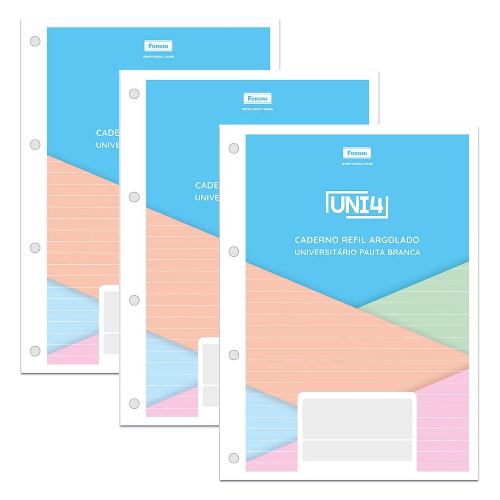 Kit 03 Refil Fichário Universitário 20x27,5cm A4 FORONI Uni4 Colorido com Pauta Branca - 60fls de 63g/m²