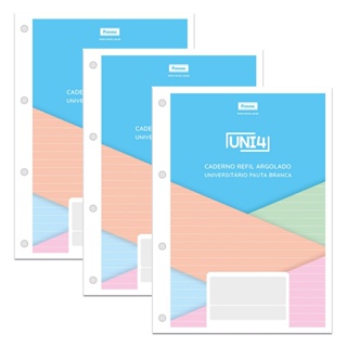 Kit 03 Refil Fichário Universitário 20x27,5cm A4 FORONI Uni4 Colorido com Pauta Branca - 60fls de 63g/m² em Oferta na Shopee