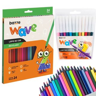 Kit Lápis De Cor E Canetinhas Coloridas 24 Lápis de Cor +12 Canetinhas Escolar