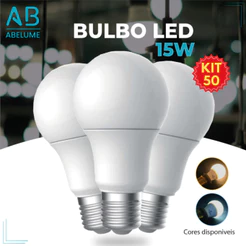 Kit 50 Lâmpada Led Bulbo 15w Branco Frio 6.500K (Luz Branca) | Branco Quente 3.200K (Luz Amarela) | Bivolt E27