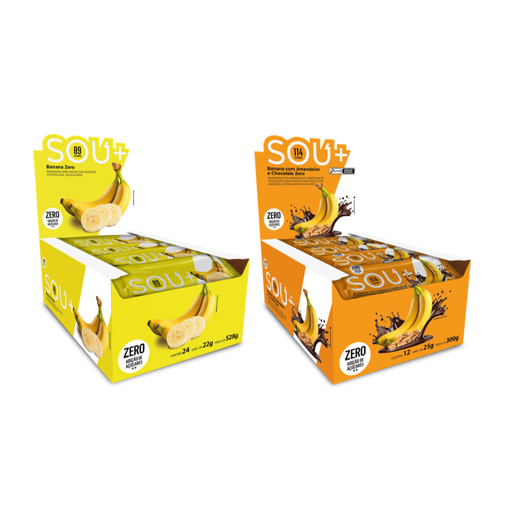 Banana Zero Sou Mais Display 24 + Banana Com Chocolate Amendoim Zero Sou Mais Display 12 Und