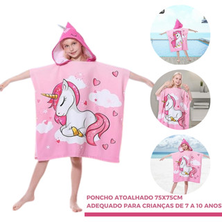Toalha Poncho Infantil de Algodão Unicórnio Praia Piscina Banho Verão Feminino  com Capuz Atoalhado