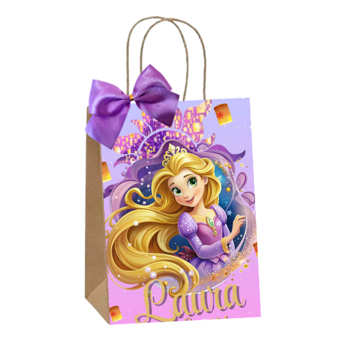 Sacolinhas Kraft Personalizadas Tema Enrrolados Rapunzel Festa de Aniversário Doces Balas Lembrancinhas Acompanha Laço