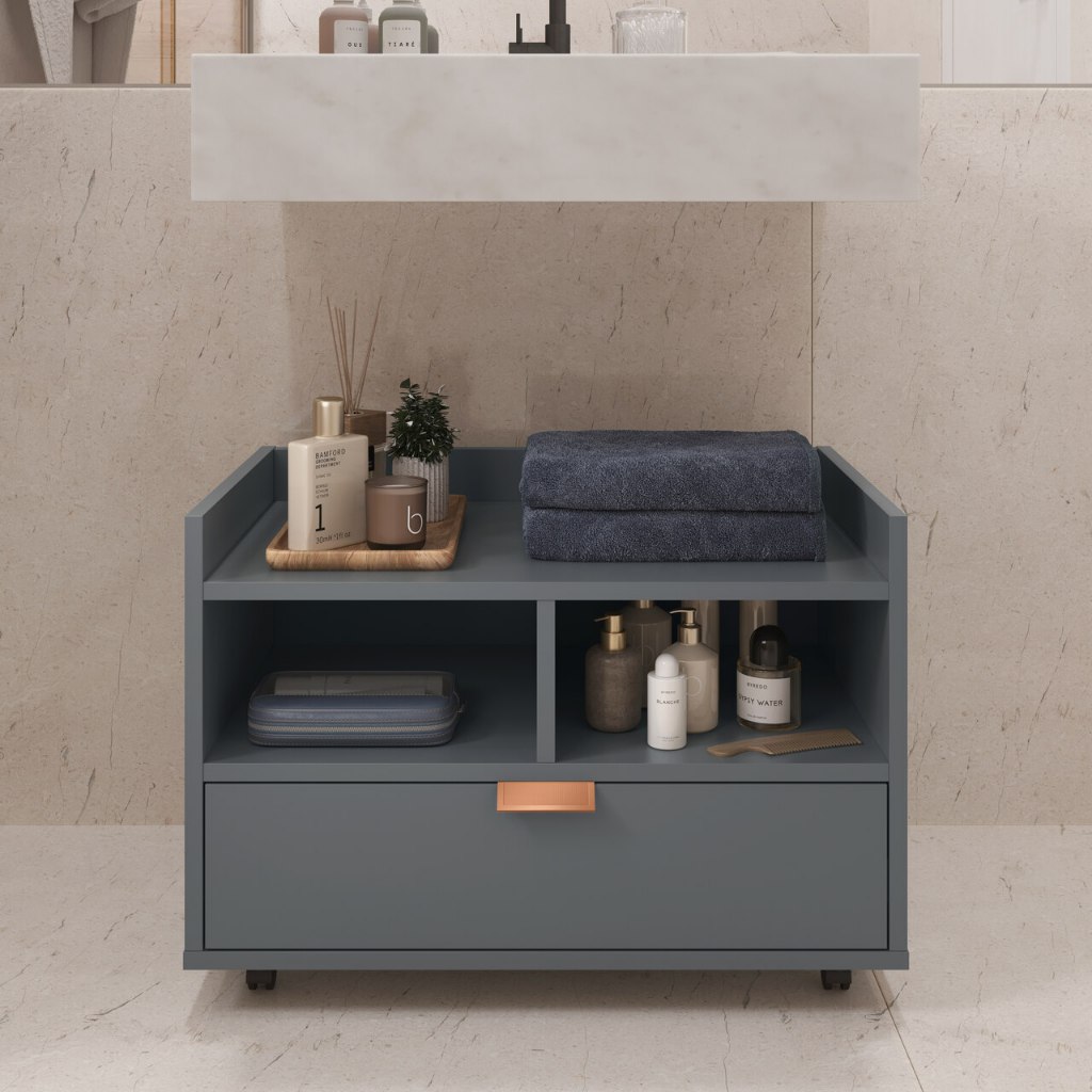 Gabinete Armário Banheiro Multiuso C/ Rodízios Cobreado Cinza BERLIM em Oferta na Shopee
