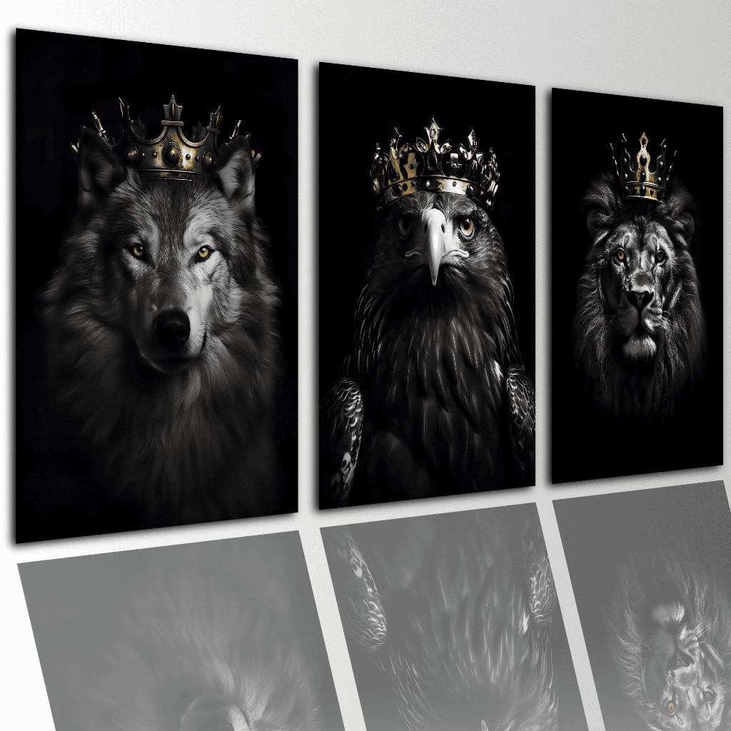 Quadros Decorativos Leão Lobo Águia Com Coroa Dourada Sala Quarto