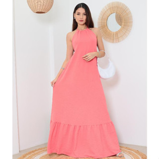 Vestido Longo feminino Liso Em Tecido Duna Com Frente Única E Costa Nua